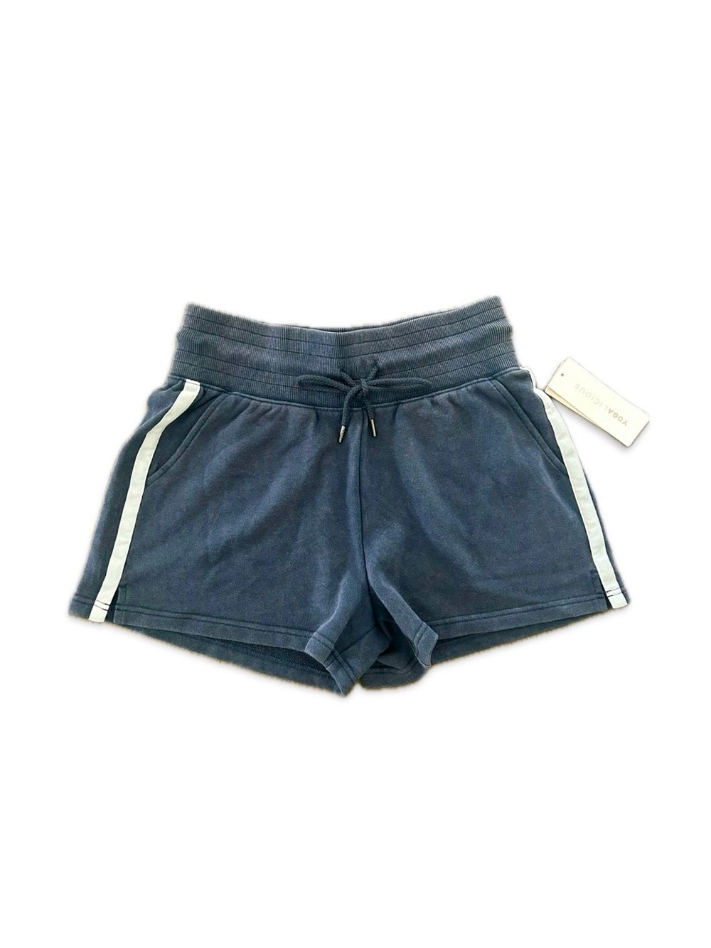 Yogalicious Navy Blue Terry Athletic Shorts with White Side Stripes - Picture 8 of 8